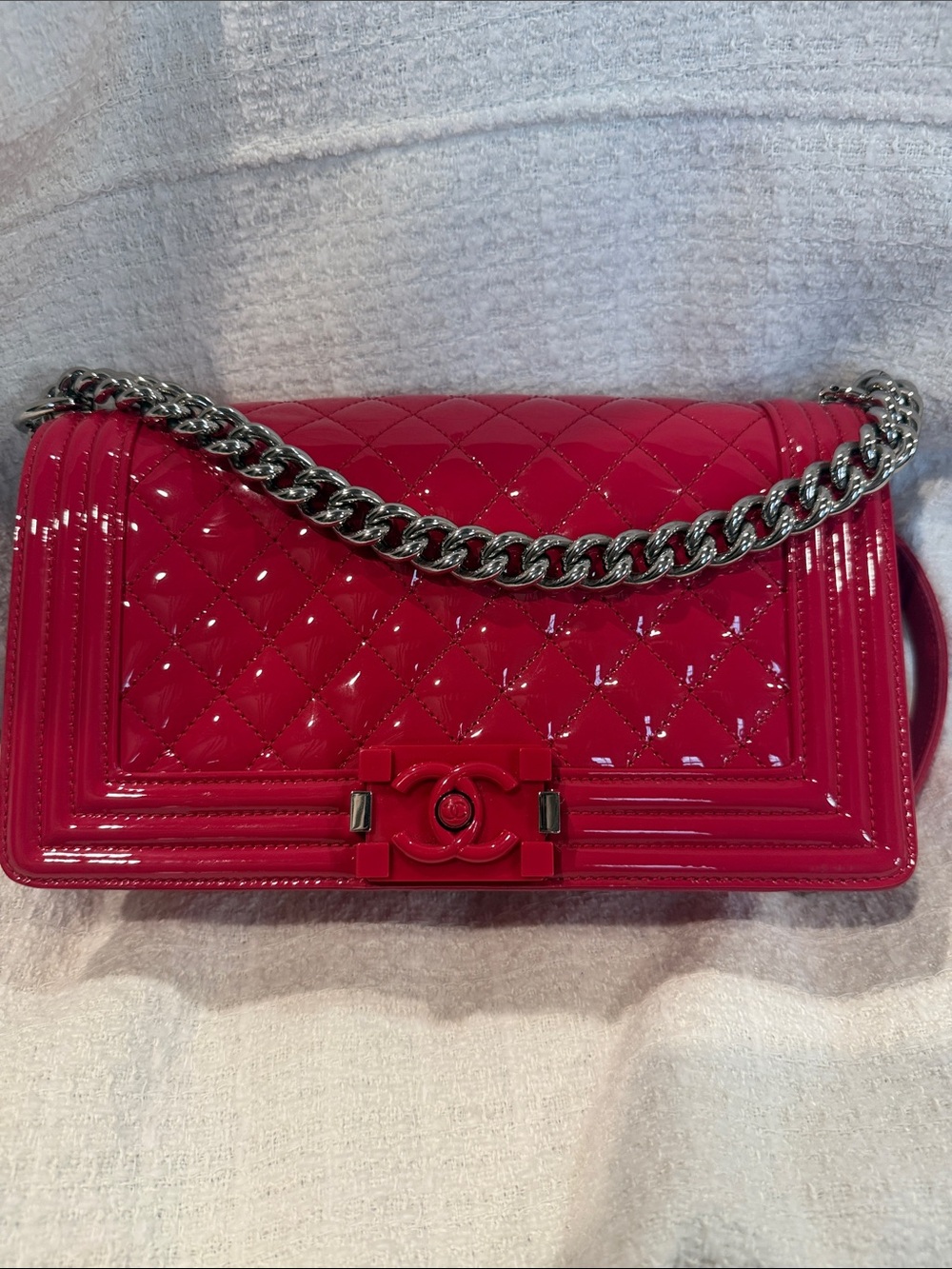 CHANEL Patent Quilted Boy Bag in Hot Pink with Silver Chain